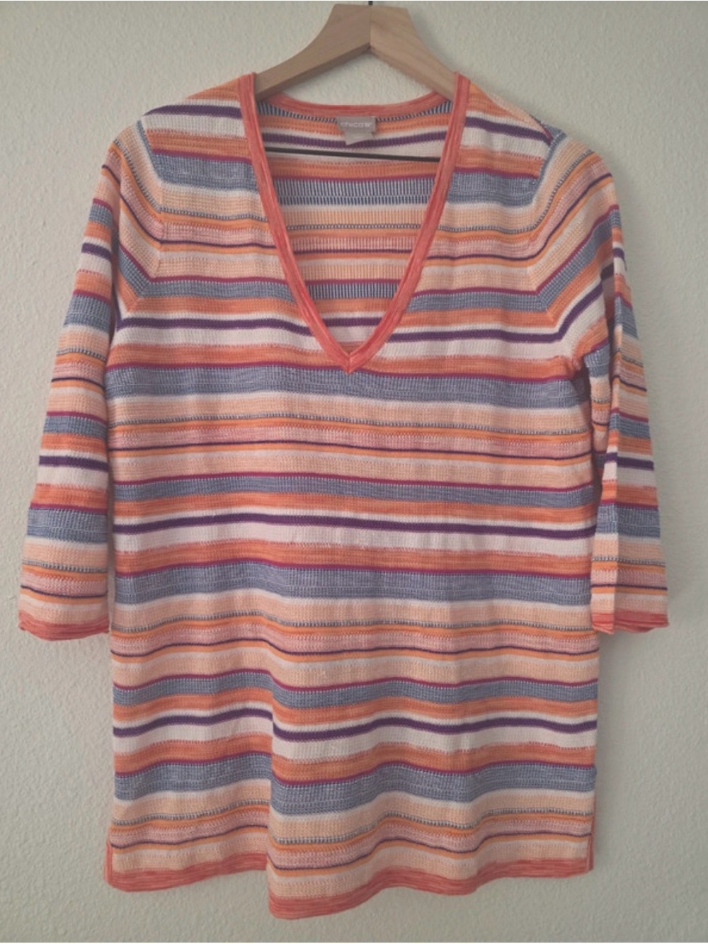 Chico's Striped V-Neck Short Sleeve Top in Peach, Lavender, Coral and White